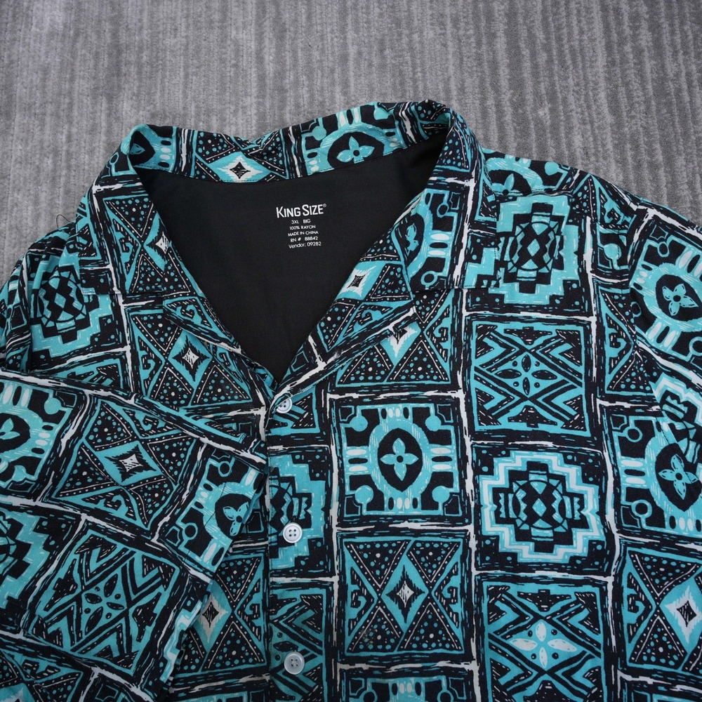 King Size Men 3XL Big Teal Geometric Tribal Rayon Short Sleeve Button Up Shirt